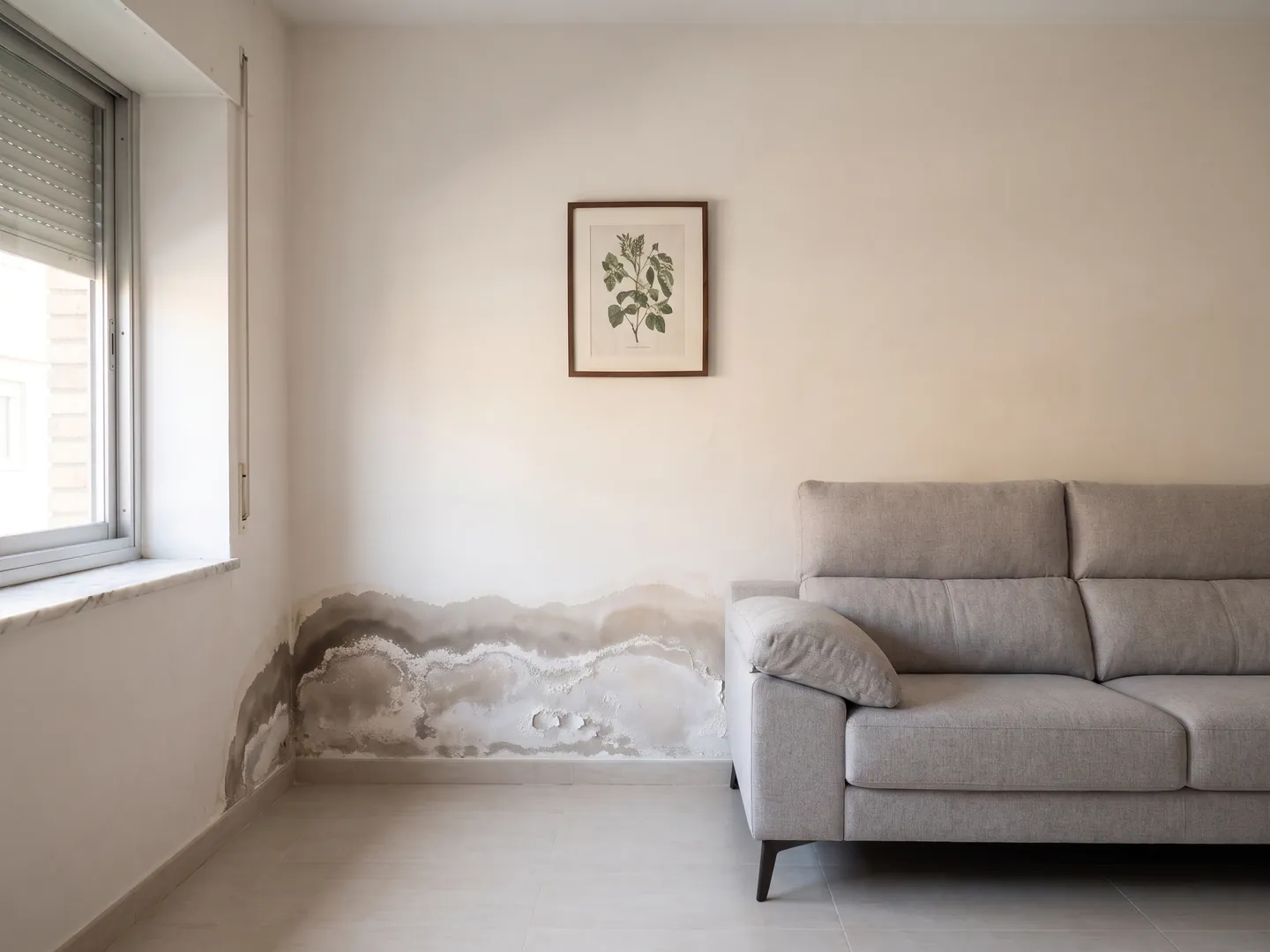 Pared de salón con franja de humedad y salitre en los 80 cm de abajo, junto a un sofá