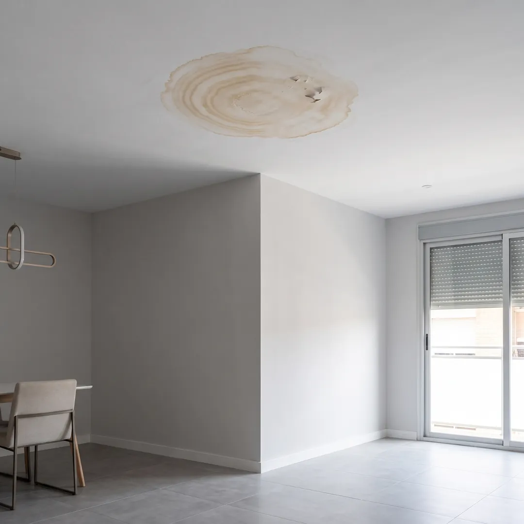Mancha marrón con anillos concéntricos en el techo de un piso bajo una terraza
