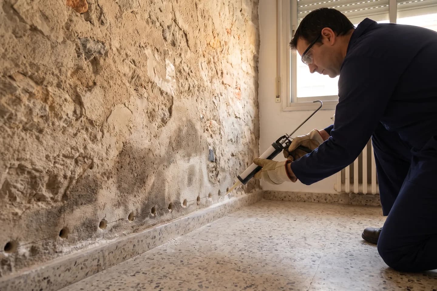 Técnico con gafas y guantes inyectando producto en una fila de taladros en la base de un muro de piedra
