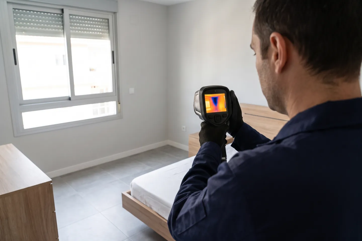 Técnico apuntando una cámara térmica a la esquina de un dormitorio; la pantalla muestra una zona fría azul